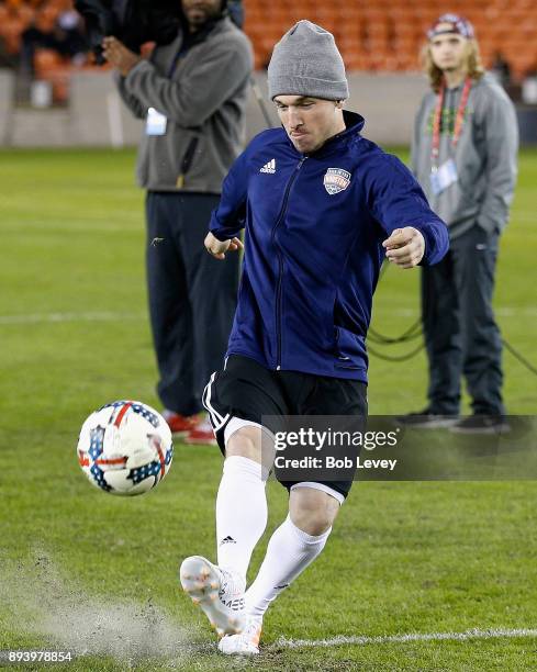 Alex Bregman of the Houston Astros attempts a shot during the Skillz Challenge during the Kick In For Houston Charity Soccer Match at BBVA Compass...