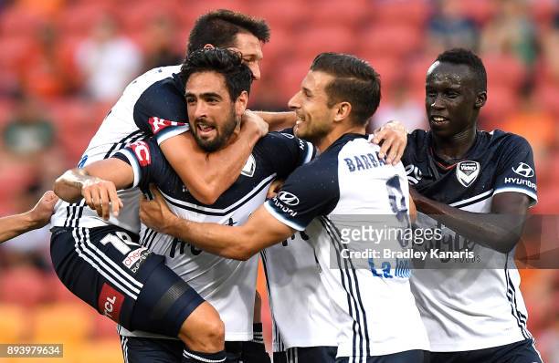 Rhys Williams of the Victory celebrates scoring a goal during the round 11 A-League match between the Brisbane Roar and the Melbourne Victory at...