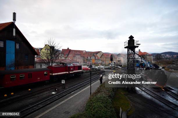 Steam powered locomotive of the Harz Narrow Gauge Railways prepares to leave the station on December 16, 2017 in Wernigerode, Germany. Harz Narrow...