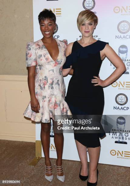 Actresss Samira Wiley and Lauren Morelli attend the 49th NAACP Image Awards Nominees' luncheon at The Beverly Hilton Hotel on December 16, 2017 in...