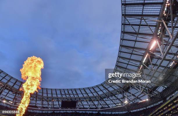 Dublin , Ireland - 16 December 2017; Flames are lot before the teams come out prior to the European Rugby Champions Cup Pool 3 Round 4 match between...