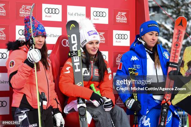 Tina Weirather of Liechtenstein takes 2nd place, Anna Veith of Austria takes 1st place, Sofia Goggia of Italy takes 3rd place during the Audi FIS...