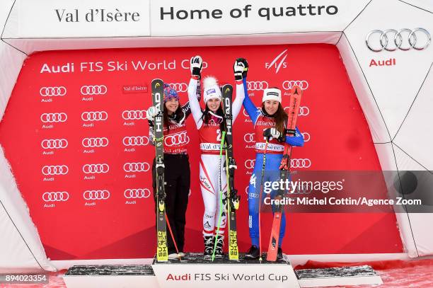 Tina Weirather of Liechtenstein takes 2nd place, Anna Veith of Austria takes 1st place, Sofia Goggia of Italy takes 3rd place during the Audi FIS...