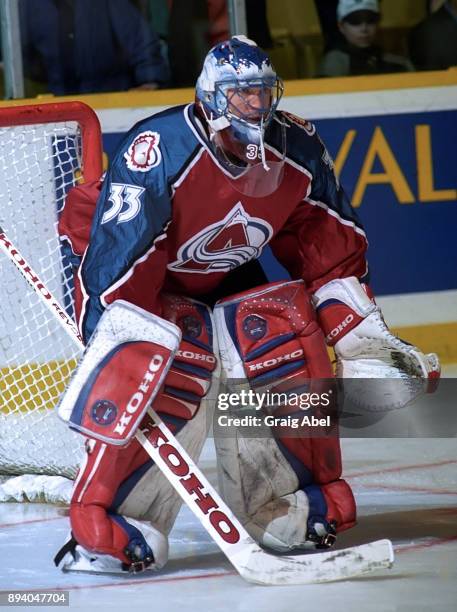 Patrick Roy of the Colorado Avalanche skates against the Toronto Maple Leafs during game action on January 6, 1996 at Maple Leaf Gardens in Toronto,...