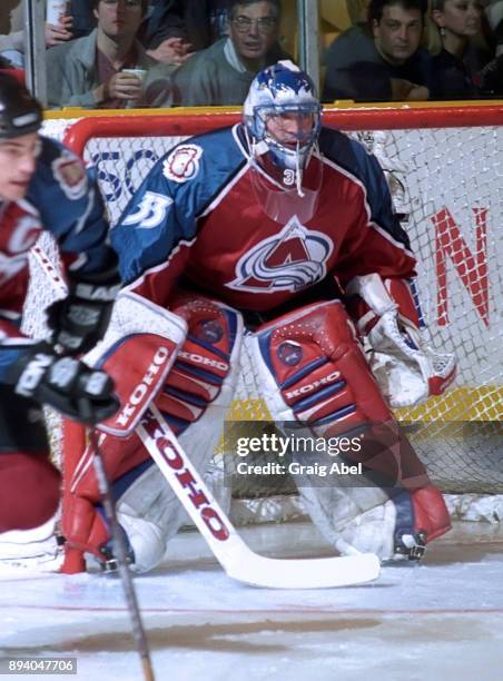 Patrick Roy of the Colorado Avalanche skates against the Toronto Maple Leafs during game action on January 6, 1996 at Maple Leaf Gardens in Toronto,...