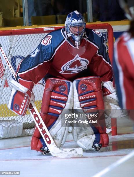 Patrick Roy of the Colorado Avalanche skates against the Toronto Maple Leafs during game action on January 6, 1996 at Maple Leaf Gardens in Toronto,...