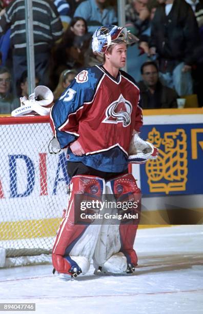 Patrick Roy of the Colorado Avalanche skates against the Toronto Maple Leafs during game action on January 6, 1996 at Maple Leaf Gardens in Toronto,...