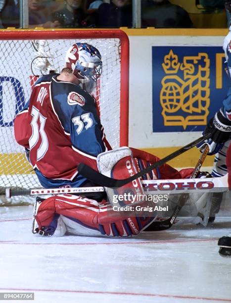 Patrick Roy of the Colorado Avalanche skates against the Toronto Maple Leafs during game action on January 6, 1996 at Maple Leaf Gardens in Toronto,...