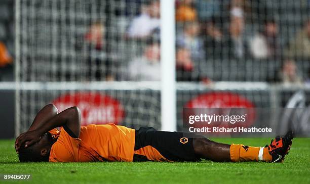 Sylvan Ebanks-Blake of Wolves reacts after he misses a shot on the empty MK Dons goal during the pre season friendly match between MK Dons and...