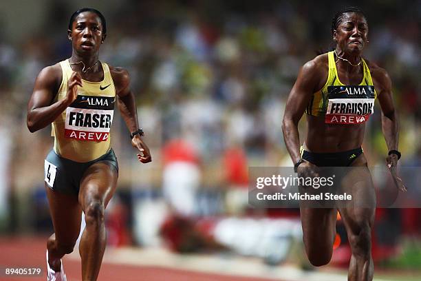 Shelly-Ann Fraser of Jamaica wins the women's 100m from Debbie Ferguson McKenzie of Bahamas during the Iaaf Super Grand Prix Herculis Meeting at the...