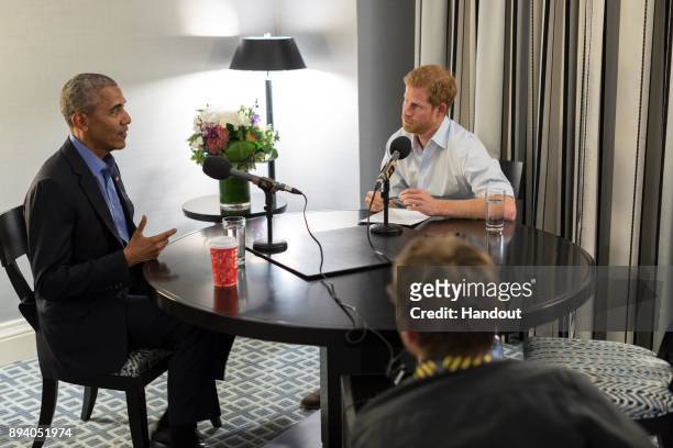 In this undated handout photo released by Kensington Palace, courtesy of the Obama Foundation, Prince Harry interviews former US President Barack...