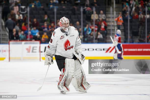 Goaltender Adam Evanoff of the Moose Jaw Warriors skates against the Edmonton Oil Kings at Rogers Place on December 7, 2017 in Edmonton, Canada.