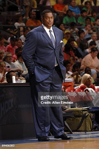 Head coach Rick Mahorn of the Detroit Shock looks on during the game against the Atlanta Dream at the Palace of Auburn Hills on July 22, 2009 in...
