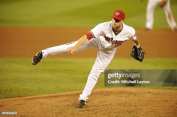 Logan Kensing of the Washington Nationals pitches during a baseball game against the San Diego Padres on July 25, 2009 at Nationals Park in...