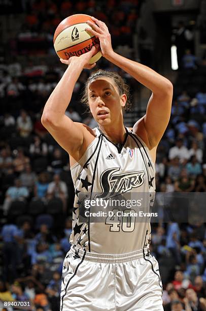 Megan Frazee of the San Antonio Silver Stars shoots a free throw during the game against the Indiana Fever at AT&T Center on July 23, 2009 in San...