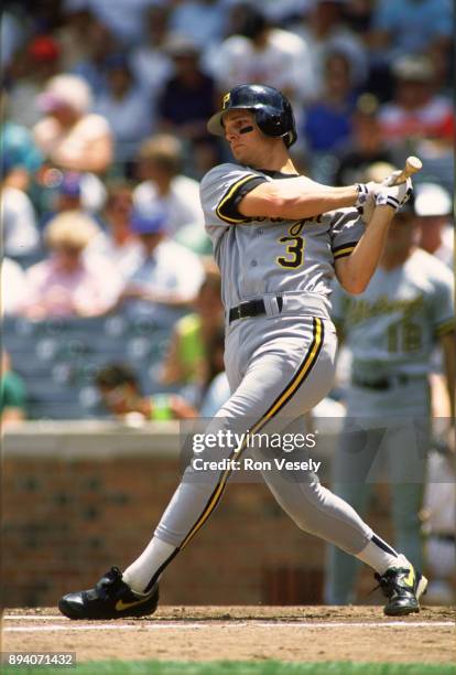 Jay Bell of the Pittsburgh Pirates bats during an MLB game versus the Chicago Cubs at Wrigley Field in Chicago, Illinois. Bell played for the Pirates...