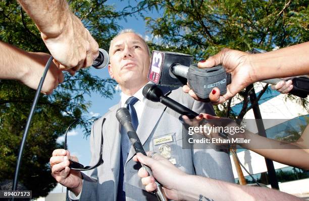 Los Angeles Police Dept. Lt. Greg Strenk talks to members of the media after leaving Global Cardiovascular Associates Inc., the medical office of...