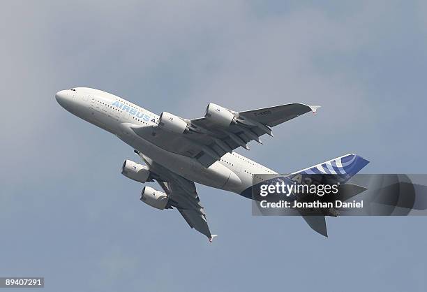 Prototype Airbus A380 performs a flight demonstration in it's North American debut during the Experimental Aircraft Association's 2009 AirVenture...