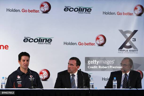 Jamie Whincup along with Holden Executive Director Sales, Marketing and Aftersales, Alan Batey and Owner of Triple Eight and pitlane general for...