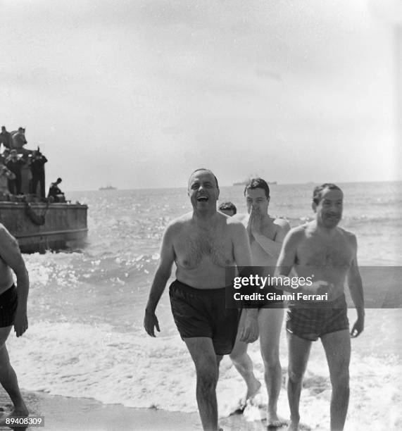 Palomaresm Almeria, Spain. The spanish minister Manuel Fraga bathes in the beach of Palomares with the U.S. Ambassador Angier Biddle Duke, because of...