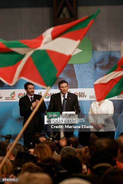 Juan Jose Ibarretxe celebrates his re-election as Basque president in the regional elections in Vitoria, northern Spain, Sunday, April 17, 2005.