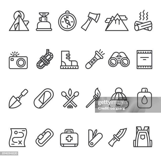 camping survival icon set - adventure icons stock illustrations