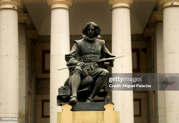 Prado Museum, Madrid, Spain. Painter Diego Rodriguez de Silva Velazquez entrance. Sculpture