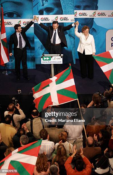 Juan Jose Ibarretxe celebrates his re-election as Basque president in the regional elections in Vitoria, northern Spain, Sunday, April 17, 2005.