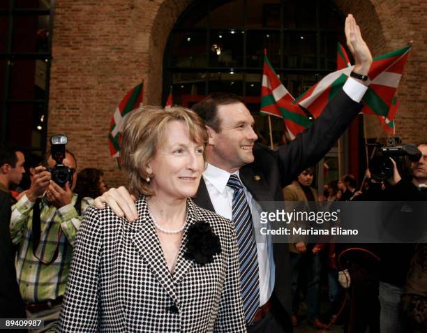 Juan Jose Ibarretxe and his wife Begona Arregi celebrate his re-election as Basque president in the regional elections in Vitoria, northern Spain,...