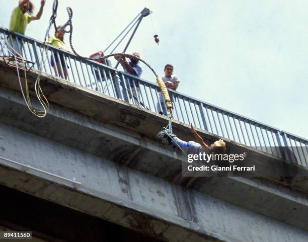 Madrid - Spain The french vedette, Marlene Mourreau, doing puenting since a bridge in the outskirts of Madrid.