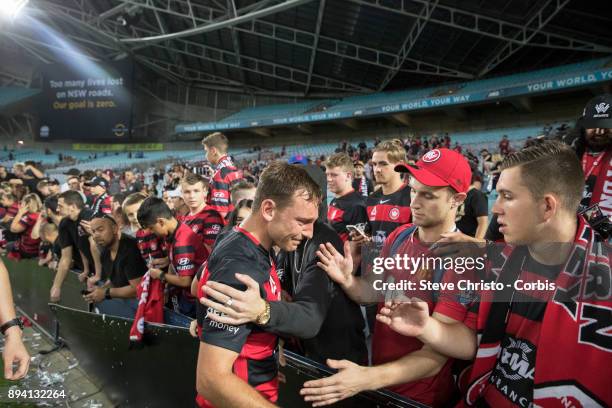 Brendon Santalab of the Wanderers walks dejected thanking fans in the RBB after Sydney FC beat his Team 5-0 in the Sydney Derby during the round ten...