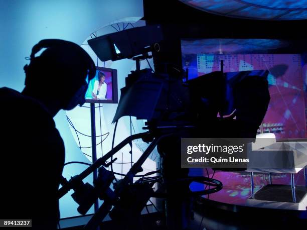 Feb. 06, 2006. Tres Cantos, Madrid . Channel Cuatro television installations. Television Studio In the image, filming of the 'Noche Hache' TV...