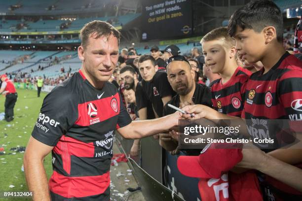 Brendon Santalab of the Wanderers walks dejected thanking fans in the RBB after Sydney FC beat his Team 5-0 in the Sydney Derby during the round ten...