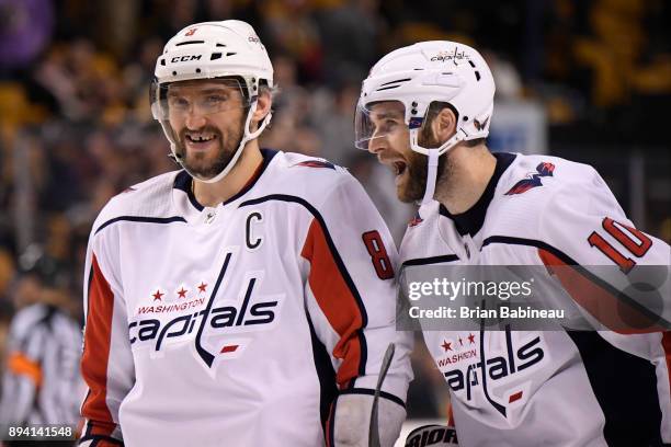 Alex Ovechkin and Bett Connolly of the Washington Capitals celebrate their win against the Boston Bruins at the TD Garden on December 14, 2017 in...