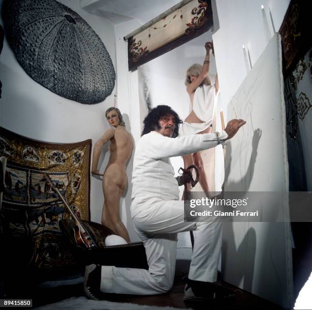 Year 1969, Port Lligat, Gerona, Catalonia, Spain. Posed portrait of the painter Salvador Dali in his house in Gerona.