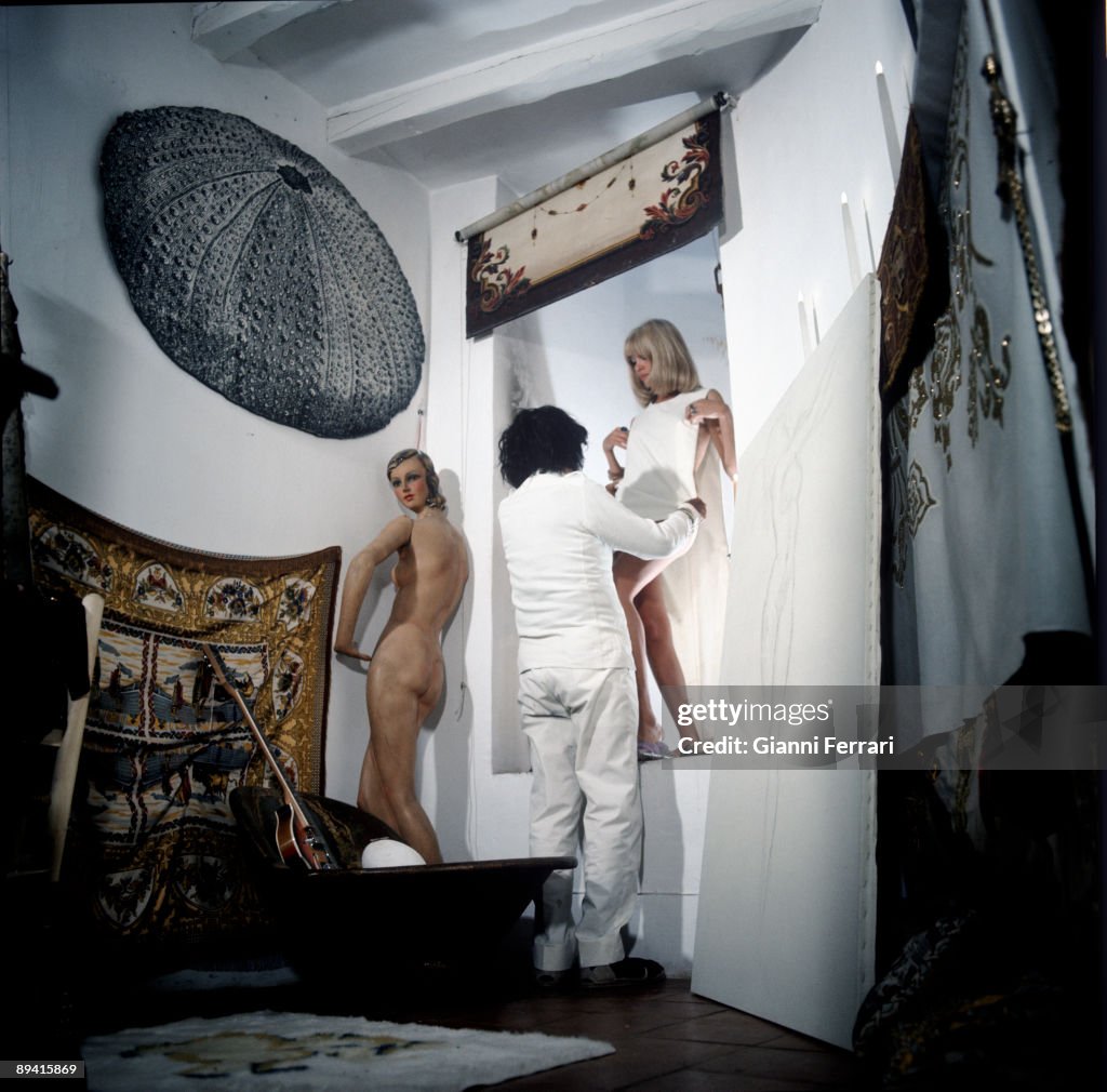 Year 1969, Port Lligat, Gerona, Catalonia, Spain. Posed portrait of the painter Salvador Dali in his house in Gerona.