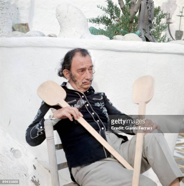 Year 1969, Port Lligat, Gerona, Catalonia, Spain. Posed portrait of the painter Salvador Dali in his house in Gerona.