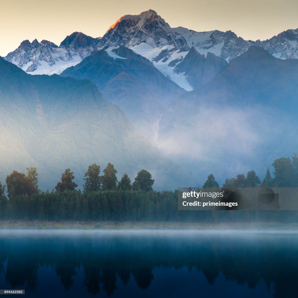 Beautiful scenery landscape of the Matheson Lake Fox Glacier town Southern Alps Mountain Valleys New Zealand