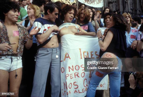 Barcelona, Catalonia, Spain. Demonstration of transvestites.