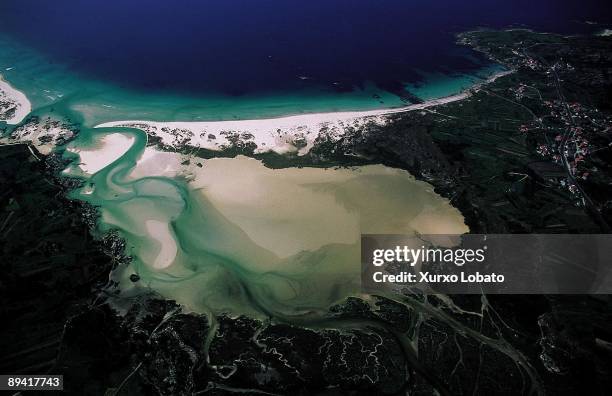 Galicia. Costa da morte. Aerial view of Carnota beach, gap and marsh.