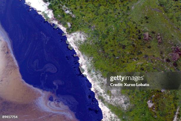 Oil slick caused by the poured of fuel oil of the petroleum ship Prestige. In the beach and the marshes are appreciated remainders of fuel oil .