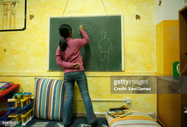 Girl drawing in a shale.