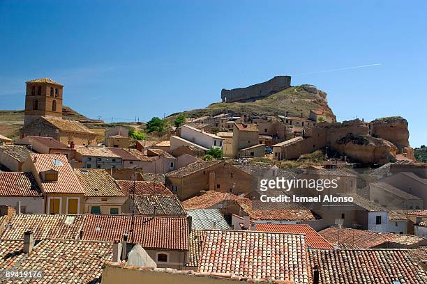 san esteban de gormaz (soria) general view of the village and the remains of the middle age castle. - soria stock pictures, royalty-free photos & images
