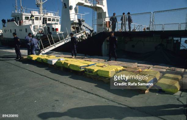 Load of cocaine confiscated in a ship National policemen watch over the load of cocaine intercepted in the capture of the ship 'Archangelos' in...