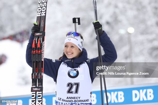 Anais Chevalier of France celebrates during the IBU Biathlon World Cup Men's and Women's Mass Start on December 17, 2017 in Le Grand Bornand, France.