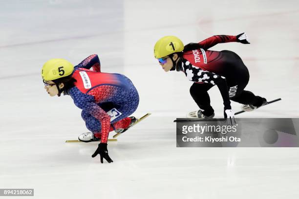 Yui Sakai and Sumire Kikuchi compete in the Ladies' 1000m Quarterfinal during day two of the 40th All Japan Short Track Speed Skating Championships...
