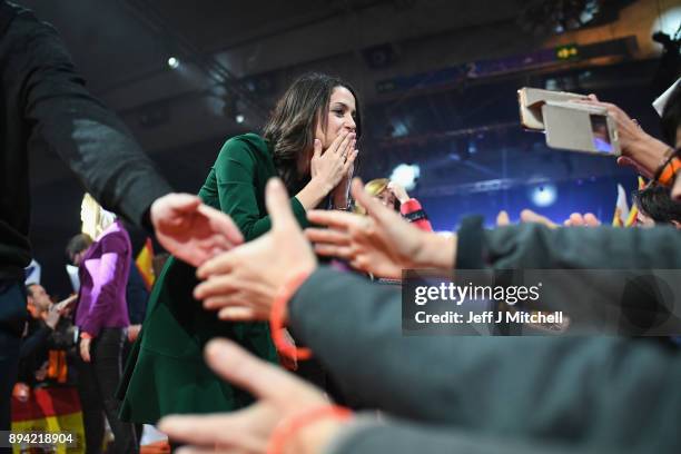 Candidate for the center-right party Ciudadanos, Ines Arrimadas, addresses a rally ahead forthcoming Catalan parliamentary election on December 17,...
