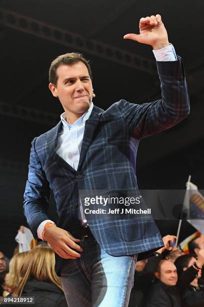 Leader of the center right party Ciudadanos, Albert Rivera, reacts after addressing a rally ahead forthcoming Catalan parliamentary election on...