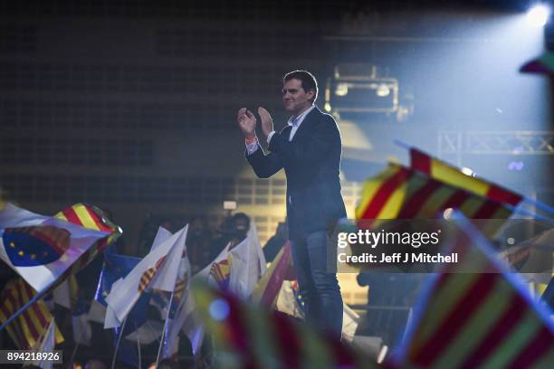 Leader of the center right party Ciudadanos, Albert Rivera, addresses a rally ahead forthcoming Catalan parliamentary election on December 17, 2017...