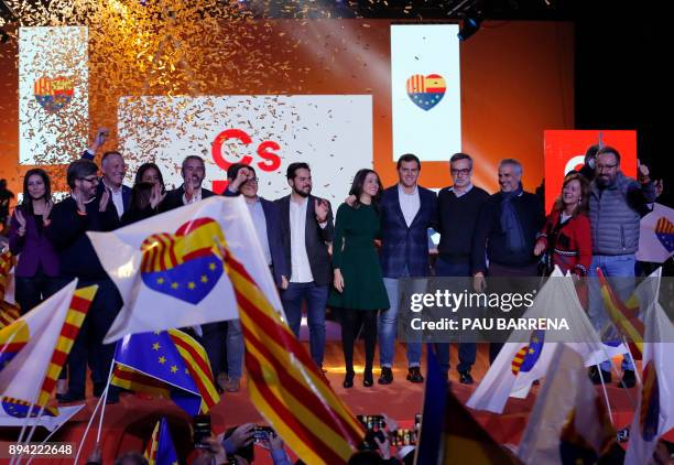 Ines Arrimadas, center-right party Ciudadanos candidate for the upcoming Catalan regional election and leader of Ciudadanos, Albert Rivera stand with...
